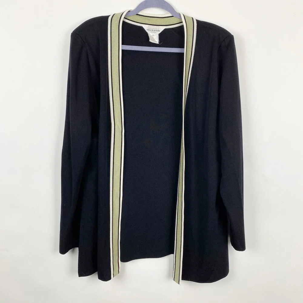 Misook Striped Trim Open Front Knit Cardigan Women 1X Black Sage Green
